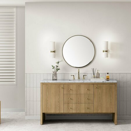 JAMES MARTIN VANITIES Hudson 60in Single Vanity, Light Natural Oak w/ 3 CM Arctic Fall Top 435-V60S-LNO-3AF